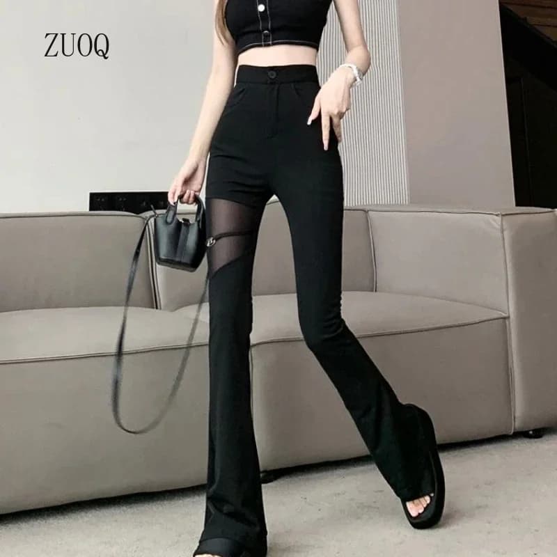 2026 Hotsweet Flare Pants Women Summer Thin Sexy Mesh Spliced Black Slim High Waist Solid Hollow Out Pant
