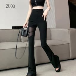 2026 Hotsweet Flare Pants Women Summer Thin Sexy Mesh Spliced Black Slim High Waist Solid Hollow Out Pant