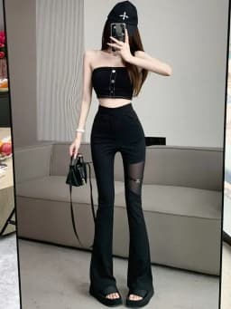 2026 Hotsweet Flare Pants Women Summer Thin Sexy Mesh Spliced Black Slim High Waist Solid Hollow Out Pant