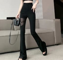 2026 Hotsweet Flare Pants Women Summer Thin Sexy Mesh Spliced Black Slim High Waist Solid Hollow Out Pant