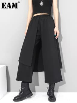 [EAM] High Elastic Waist Black Irregular Long Wide Leg Trousers New Loose Fit Pants Women Fashion Tide Spring Autumn 2026 1Z289