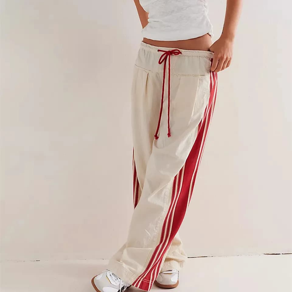 Vintage Women Side Striped Track Pants Y2K Drawstring Elastic Waist Wide Leg Sweatpants Pockets Casual Loose Parachute Pants