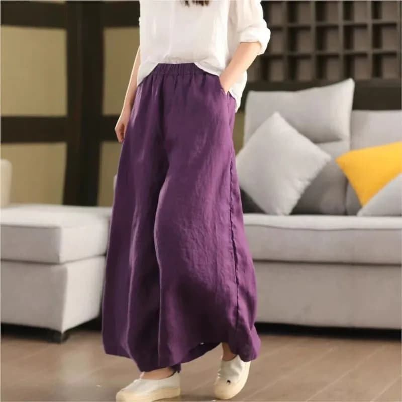 Johnature Women Vintage Linen Wide Leg Pants Elastic Waist Solid Color Trousers 2025 Spring New Loose Casual Female Long Pants