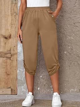 Women's Elastic Waist Crop Sweatpants Loose Fit Casual Summer Capris with Pockets Roll-Up Bottoms S-3XL