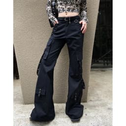 Black Gothic Cargo Flare Pants Women Vintage Harajuku Y2k 90s Retro High Waist Wide Leg Trousers Streetwear 2000s Pantalones