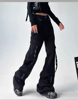 Black Gothic Cargo Flare Pants Women Vintage Harajuku Y2k 90s Retro High Waist Wide Leg Trousers Streetwear 2000s Pantalones
