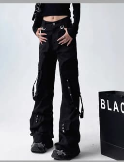 Black Gothic Cargo Flare Pants Women Vintage Harajuku Y2k 90s Retro High Waist Wide Leg Trousers Streetwear 2000s Pantalones