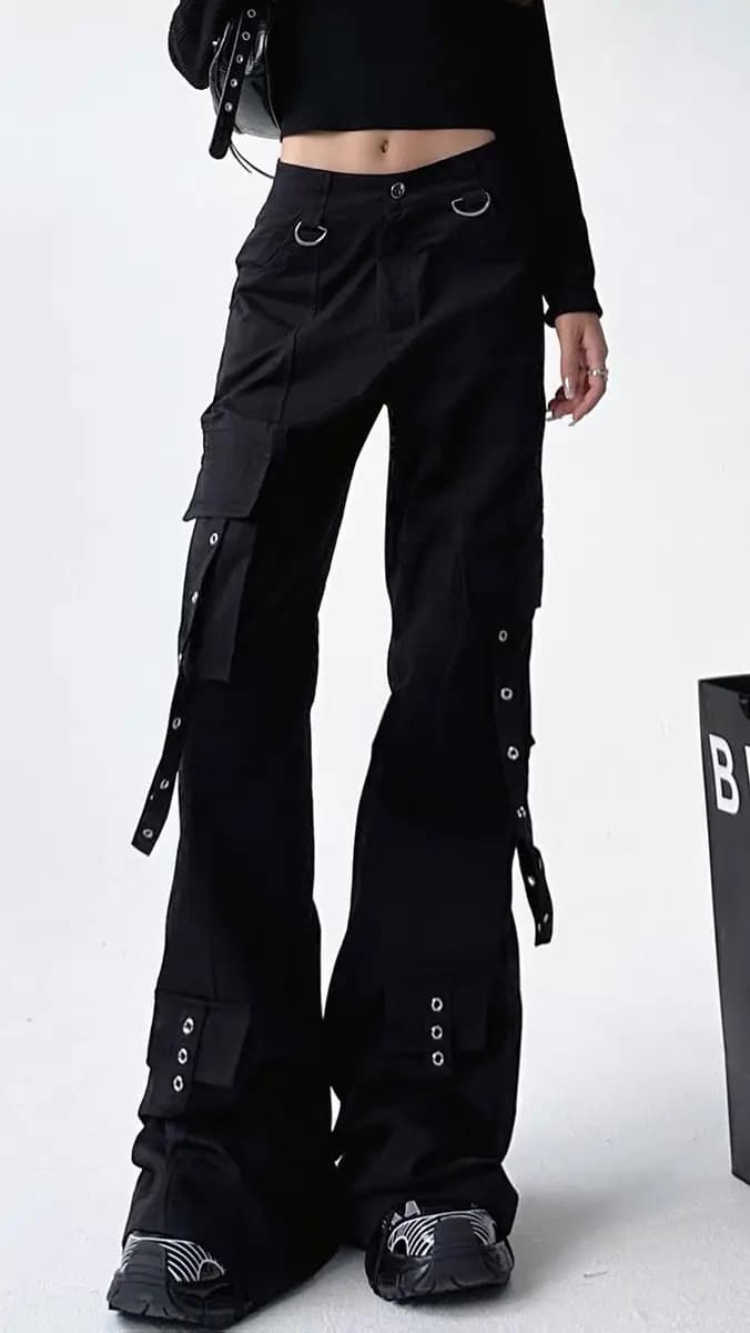 Black Gothic Cargo Flare Pants Women Vintage Harajuku Y2k 90s Retro High Waist Wide Leg Trousers Streetwear 2000s Pantalones