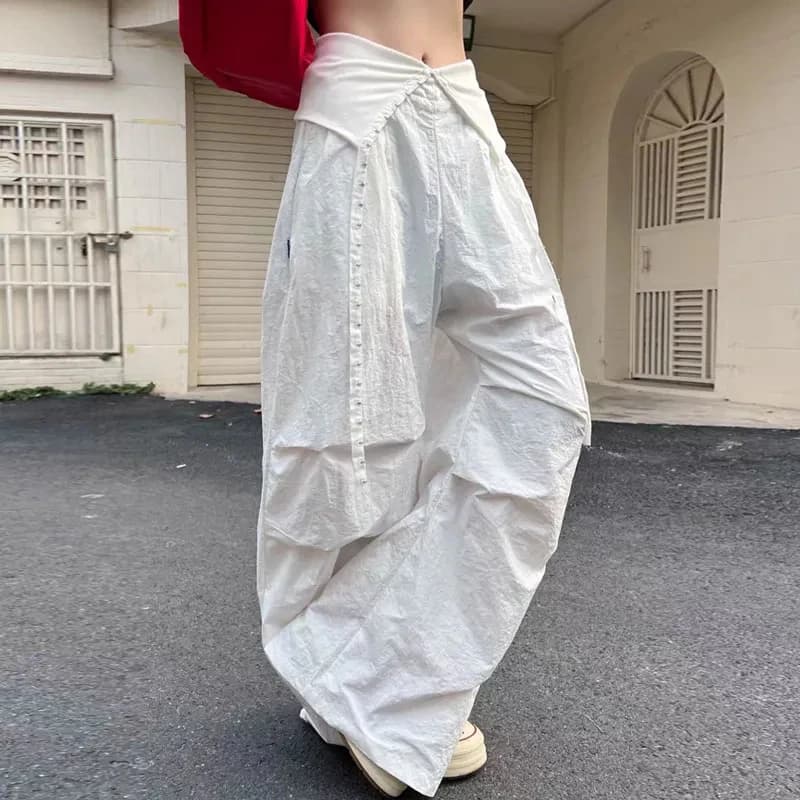Vintage Patchwork Wide Leg Pants for Women Y2K Lapel Low Waist Streetwear Dance Pants American Hip Pop Loose Parachute Trousers