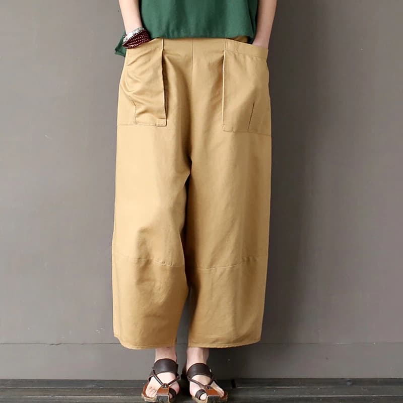 Johnature 2025 Wide Leg Loose Women Pants Big Pockets Cotton Linen Ankle-length Casual Loose Trouser