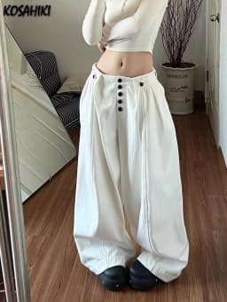 2026 Spring Casual Solid Streetwear Pants Harajuku Elastic Waist Loose Wide Leg Y2k Aesthetic Women Button Grunge Pantalones