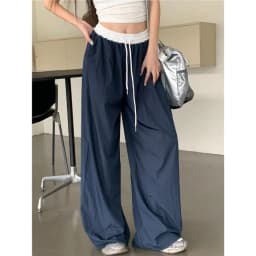 New Women's Loose Wide Leg Casual Pants Color Block Elastic Waist Summer Textured Draped Straight Floor-Length Fashionable