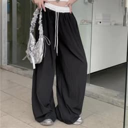 New Women's Loose Wide Leg Casual Pants Color Block Elastic Waist Summer Textured Draped Straight Floor-Length Fashionable