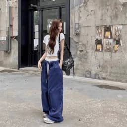 New Women's Loose Wide Leg Casual Pants Color Block Elastic Waist Summer Textured Draped Straight Floor-Length Fashionable