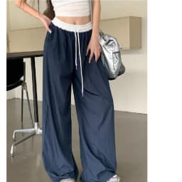 New Women's Loose Wide Leg Casual Pants Color Block Elastic Waist Summer Textured Draped Straight Floor-Length Fashionable