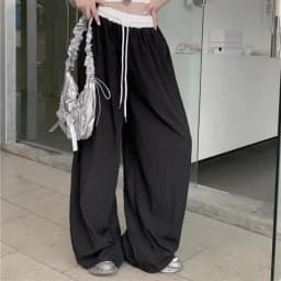 New Women's Loose Wide Leg Casual Pants Color Block Elastic Waist Summer Textured Draped Straight Floor-Length Fashionable