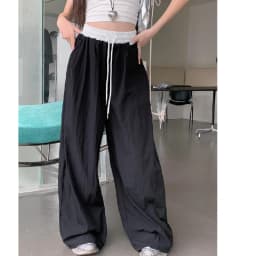 New Women's Loose Wide Leg Casual Pants Color Block Elastic Waist Summer Textured Draped Straight Floor-Length Fashionable