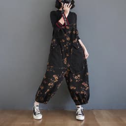 Retro Print Anti-Aging Denim Overalls Women's Faion Spring New plus Size Slimming One-Piece Pants High Waist Cotton Casual
