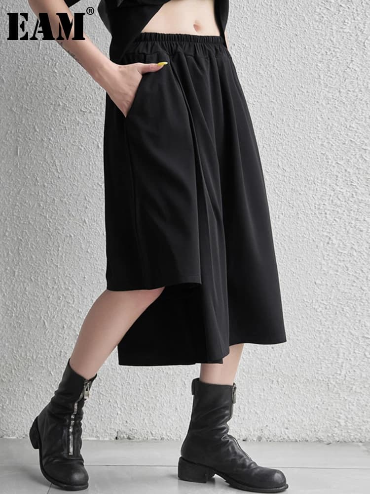 [EAM] High Elastic Waist Black Irregular Casual Pants New Loose Fit Trousers Women Fashion Tide Spring Autumn 2026 1DF4734