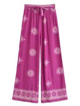 Vintage Chic Women Purple Floral Bohemian Wide Leg Pants with Pockets Lady Elastic Waist Loose Vacation Boho Pant Trousers