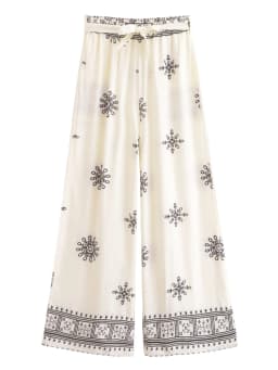 Vintage Chic Women Purple Floral Bohemian Wide Leg Pants with Pockets Lady Elastic Waist Loose Vacation Boho Pant Trousers