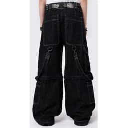 Combhasaki Women Y2K Vintage Cargo Long Pants with Multi Pockets Chain Buckle Button Waist Casual Grunge Wide Leg Denim Trousers