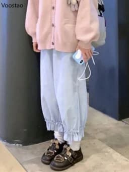 Japanese Lolita Kawaii High Waist Corduroy Pants Women Sweet Ruffles Casual Wide Leg Pants Girly Vintage Loose Cute Trousers