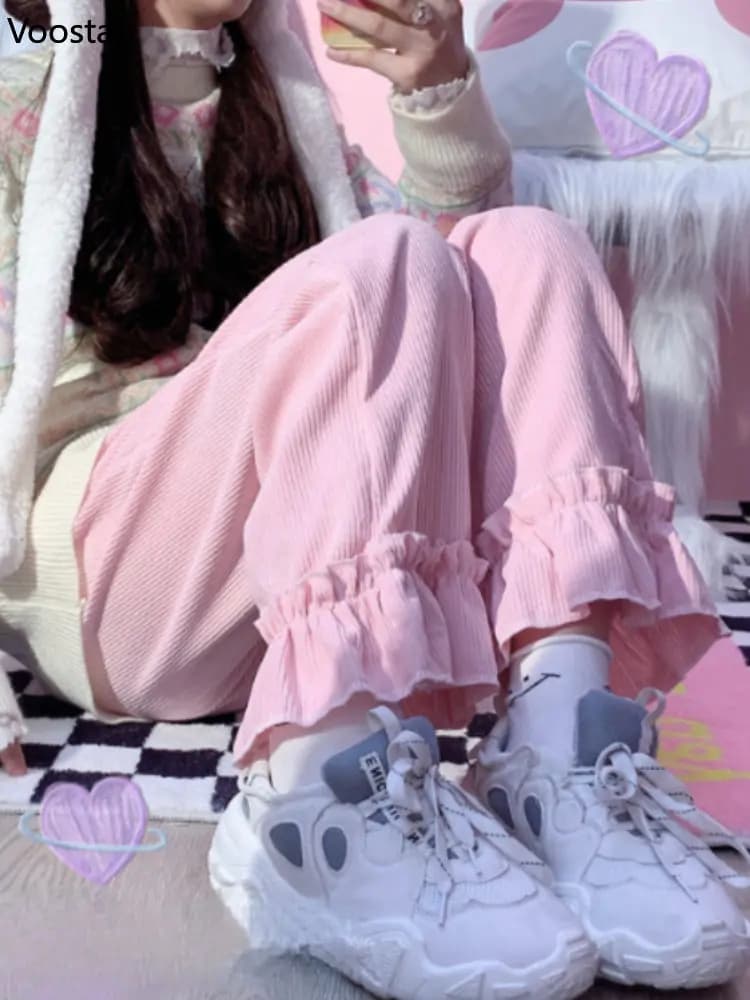Japanese Lolita Kawaii High Waist Corduroy Pants Women Sweet Ruffles Casual Wide Leg Pants Girly Vintage Loose Cute Trousers