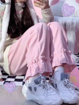 Japanese Lolita Kawaii High Waist Corduroy Pants Women Sweet Ruffles Casual Wide Leg Pants Girly Vintage Loose Cute Trousers