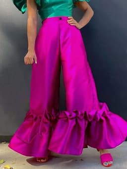 Fuchsia High Waist Pants Shiny Flare Pleated Wide Leg Trendy Long Capris Women Cocktail Party Bottoms Trim Trousers Large Size