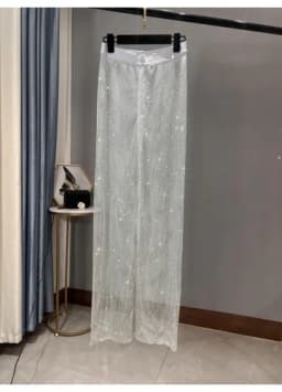 Sexy Colorful Diamonds Beaded Mesh Hollow Wide Legs Pants Fishing Net Rhinestones Trousers Sparkling Elastic Waist Pantalones