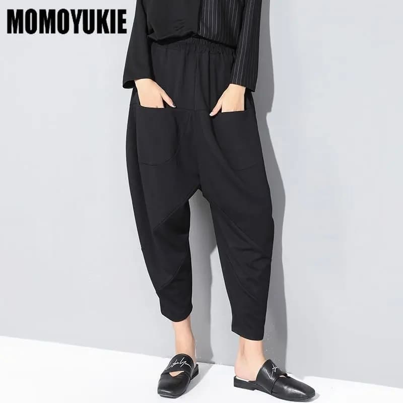 Spring Fashion Clothing Elastic High Waist Patchwork Pockets Loose Ankle Length Trousers Loose Straight Haren Pants Streetwear