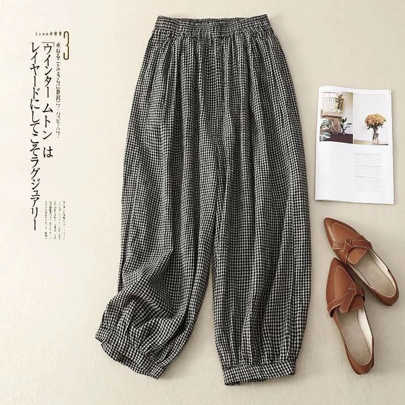 Cotton Linen Pants for Women Plaid Loose Casual Vintage Summer Thin New Korean Style Literary Elastic Waisted Harem Pants Women