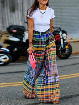 UOOZEE 2025 New Women Vintage Plaid High Waist Wide Leg Pants Spring Summer Loose Casual Going Out Trendy Trousers Bottoms