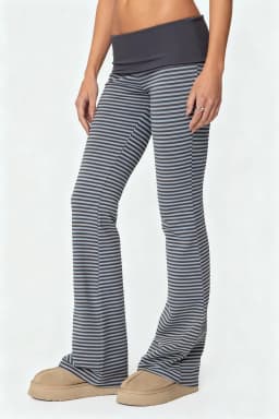 Women’s Fold Over Leggings Fashion Low Waist Stripes Print Slim Fit Flare Pants Sweatpants