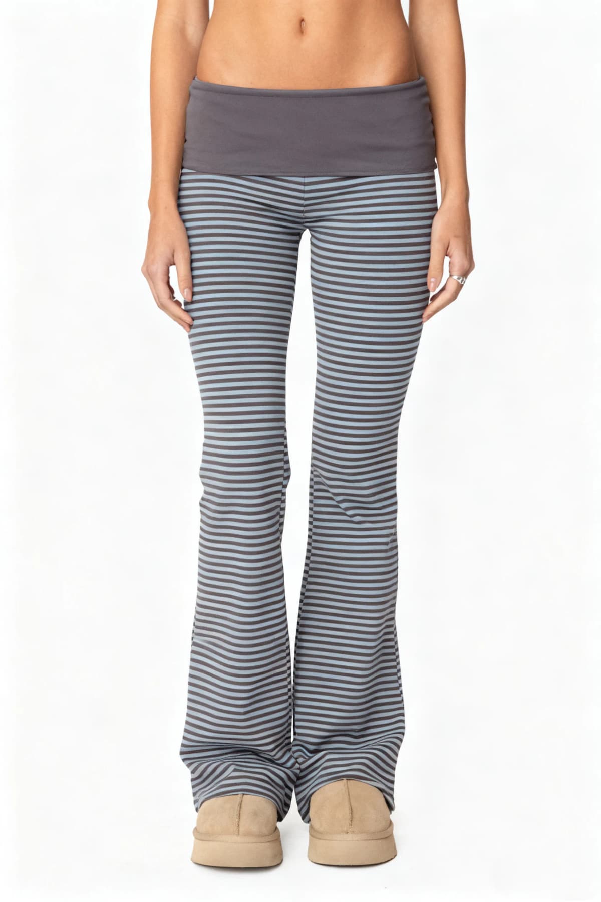 Women’s Fold Over Leggings Fashion Low Waist Stripes Print Slim Fit Flare Pants Sweatpants