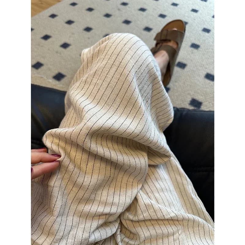 Elegant Striped Wide Leg Pants Women Fashion Streetwear Cotton Linen Baggy Pants Summer Ladies Korean Casual Straight Trousers