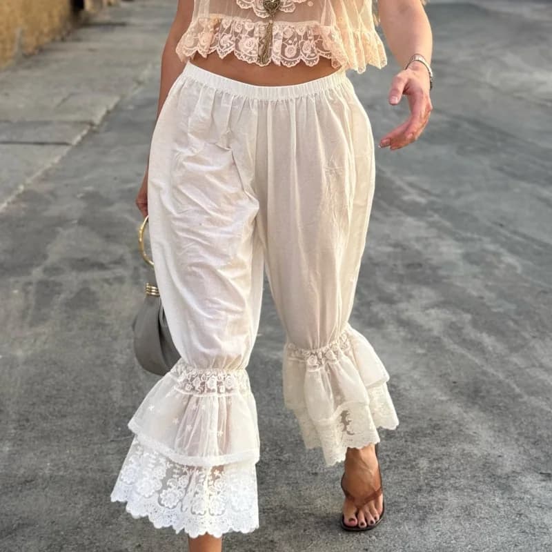Y2k Retro Lace Trim Texture Lantern Pants Elastic Waist Loose Casual Pants Womens Pettipants Loose Ruffle Pajama Trousers