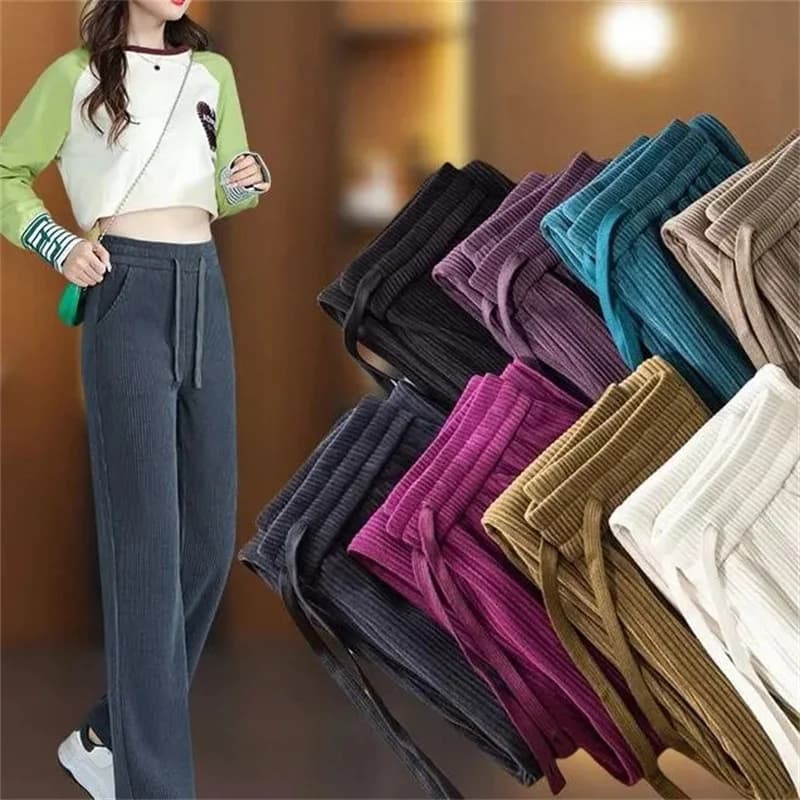 Add Velvet Padded Casual Trousers Lady Autumn Winter New 2027 High Waist Corduroy Pants Women's Large Size Straight Pants Female