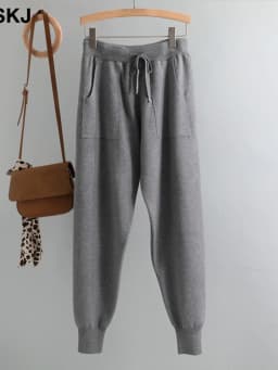 Women Elastic Waist Drawstring Trousers Thick Knitted Harem Pants Autumn Winter Sport pants sweater Knitted Carrot pants