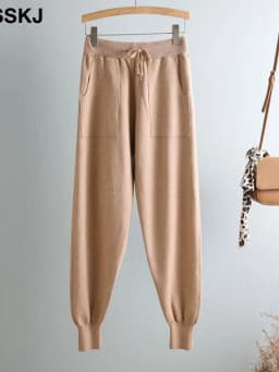 Women Elastic Waist Drawstring Trousers Thick Knitted Harem Pants Autumn Winter Sport pants sweater Knitted Carrot pants