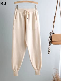 Women Elastic Waist Drawstring Trousers Thick Knitted Harem Pants Autumn Winter Sport pants sweater Knitted Carrot pants
