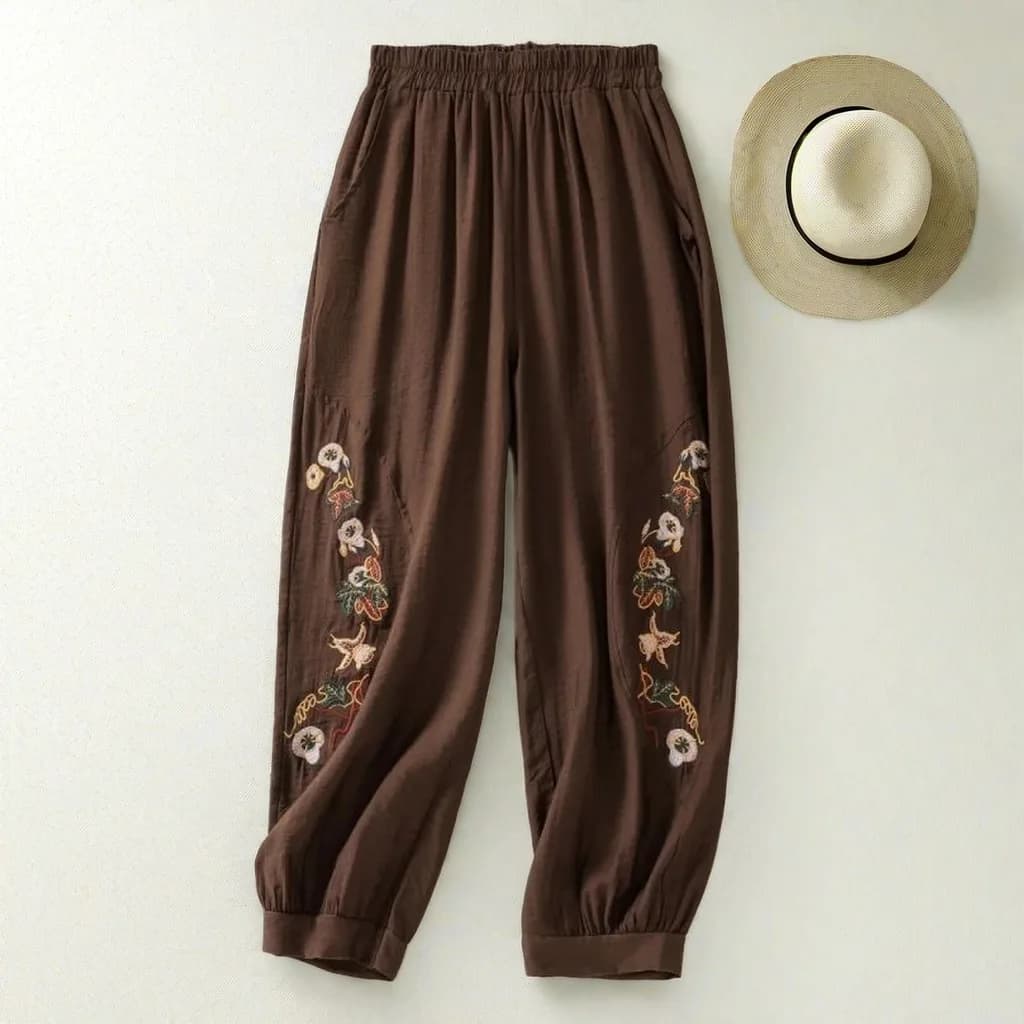 Coffee Embroidery Bloomers Casual Solid Elastic High Waist Loose Women's Pants Ankle-Length Pants For Women Clothing Fashion