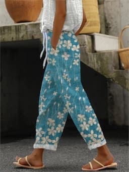 Women's Fashion Print Pants Casual Button Pockets Ankle-Length Pants For Women Boho Holiday Womens Clothing Spring Summer New