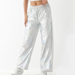 Women Adult Shiny Straight Leg Pants Casual High Waist Metallic Pants Super Long Holographic Pants Disco Bottoms