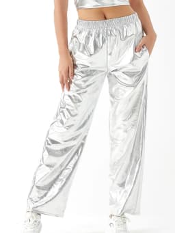Women Adult Shiny Straight Leg Pants Casual High Waist Metallic Pants Super Long Holographic Pants Disco Bottoms