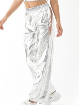 Women Adult Shiny Straight Leg Pants Casual High Waist Metallic Pants Super Long Holographic Pants Disco Bottoms