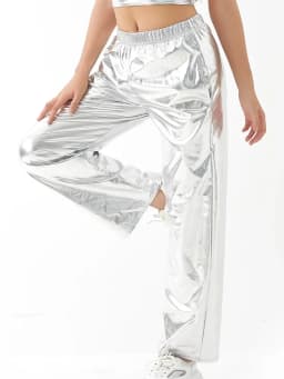 Women Adult Shiny Straight Leg Pants Casual High Waist Metallic Pants Super Long Holographic Pants Disco Bottoms