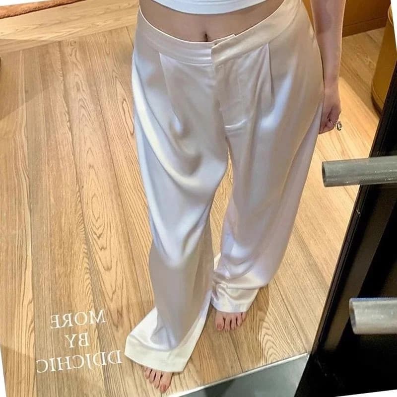 Summer Luxury Silk Satin Pants Elegant Office Lady Suit Pants Solid Color High Waist Pleated Wide Leg Pants Casual Baggy Trouser
