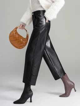 ZUZK Women PU Leather Harem Pants Bent Knife Pants New Style Fashion Autumn Winter Ankle-Length Pants Elegant Leather Trousers